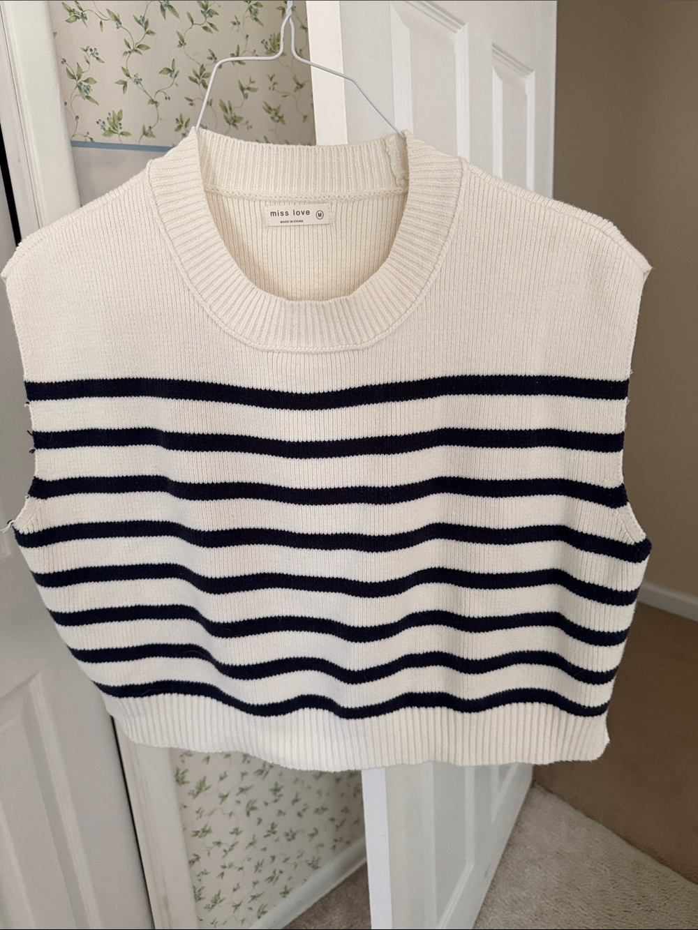 Miss Love Cream & Navy Striped Sleeveless Knit Sweater Vest